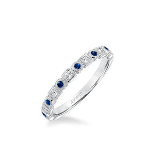 Stackable Band With Alternating Bezel Set Diamonds And Sapphires And Milgrain Accents