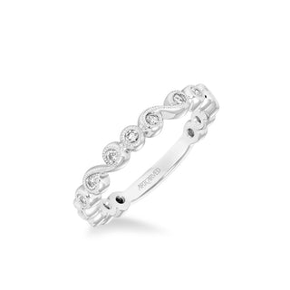 Stackable Band With Bezel Set Diamonds, Scroll Design And Milgrain Accents