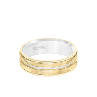 6.5MM Men's Wedding Band - White Gold Brush Finish With Rose Gold Cut Center With Rose Gold Interior And Round Edge