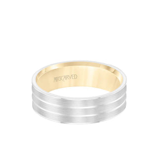 6.5MM Men's Wedding Band - Brush Finish With Polished Cuts With Yellow Gold Interior And Flat Edge