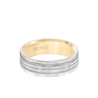 6MM Men's Wedding Band - Brush Finish With Polished Cuts And Milgrain Accents With Yellow Gold Interior And Flat Edge