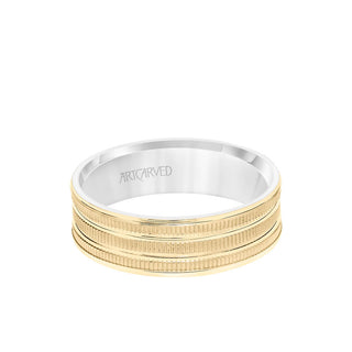 6.5MM Men's Wedding Band - Yellow Gold Coin Finish With Flat Cuts With White Gold Interior And Flat Edge