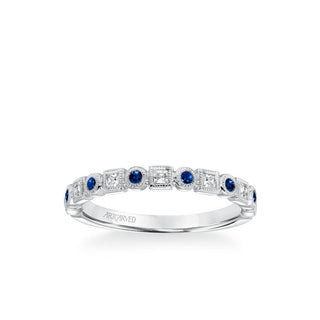 Stackable Band With Alternating Bezel Set Diamonds And Sapphires And Milgrain Accents