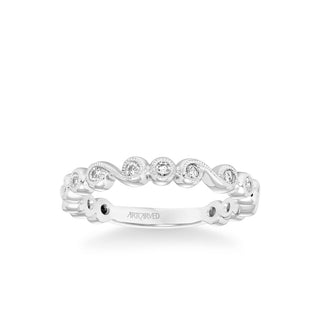 Stackable Band With Bezel Set Diamonds, Scroll Design And Milgrain Accents